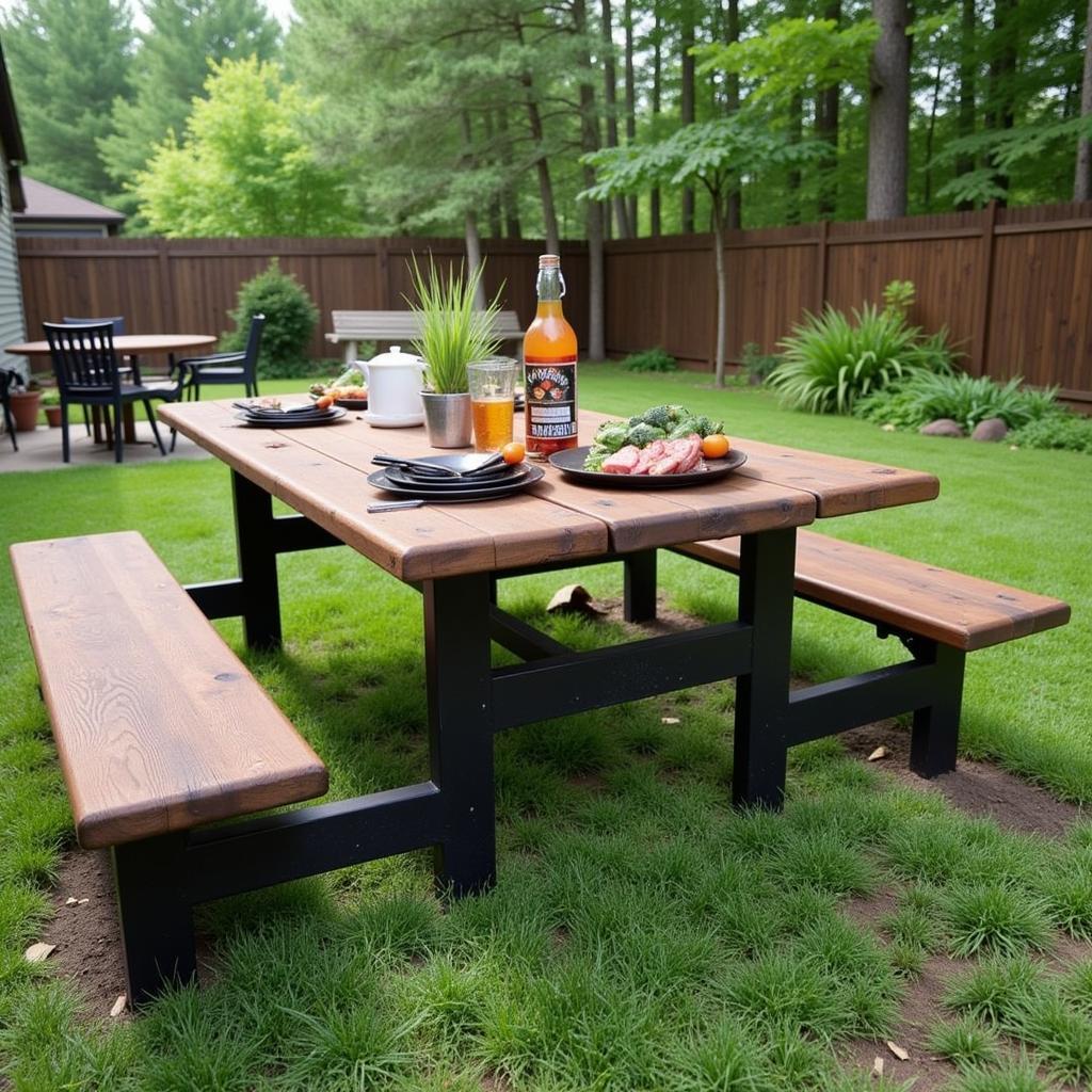 A classic steel picnic table in a backyard setting