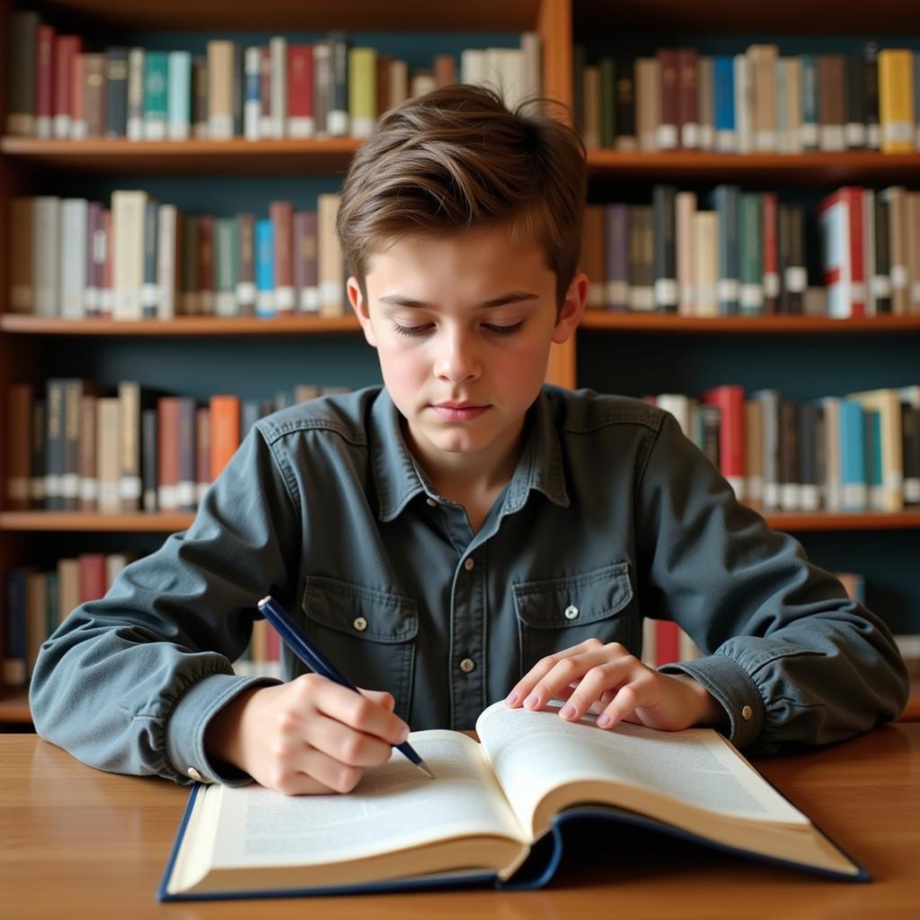 Student Studying History Textbook in Library