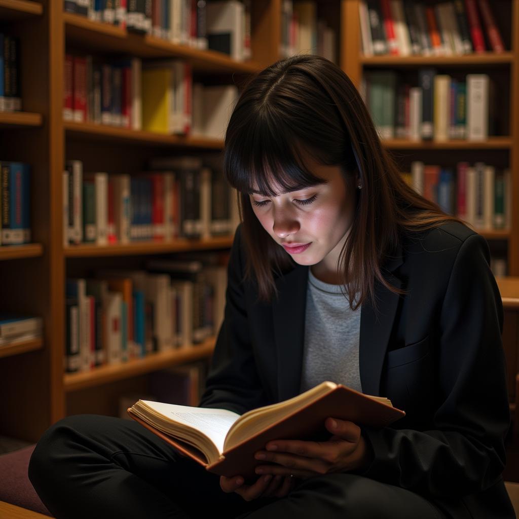 Student deeply engrossed in a book amidst a library setting