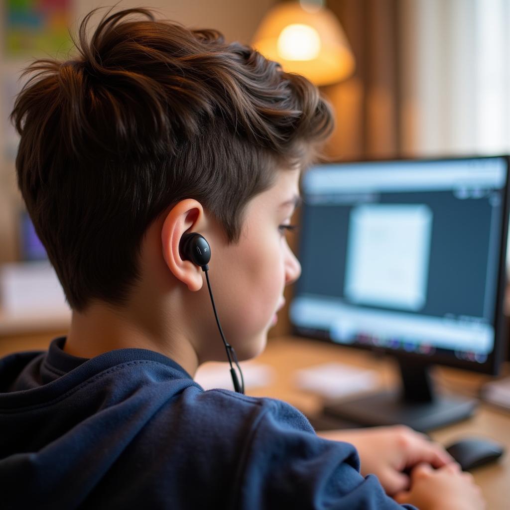 Student Using Hamiltonbuhl Earbuds for Online Learning