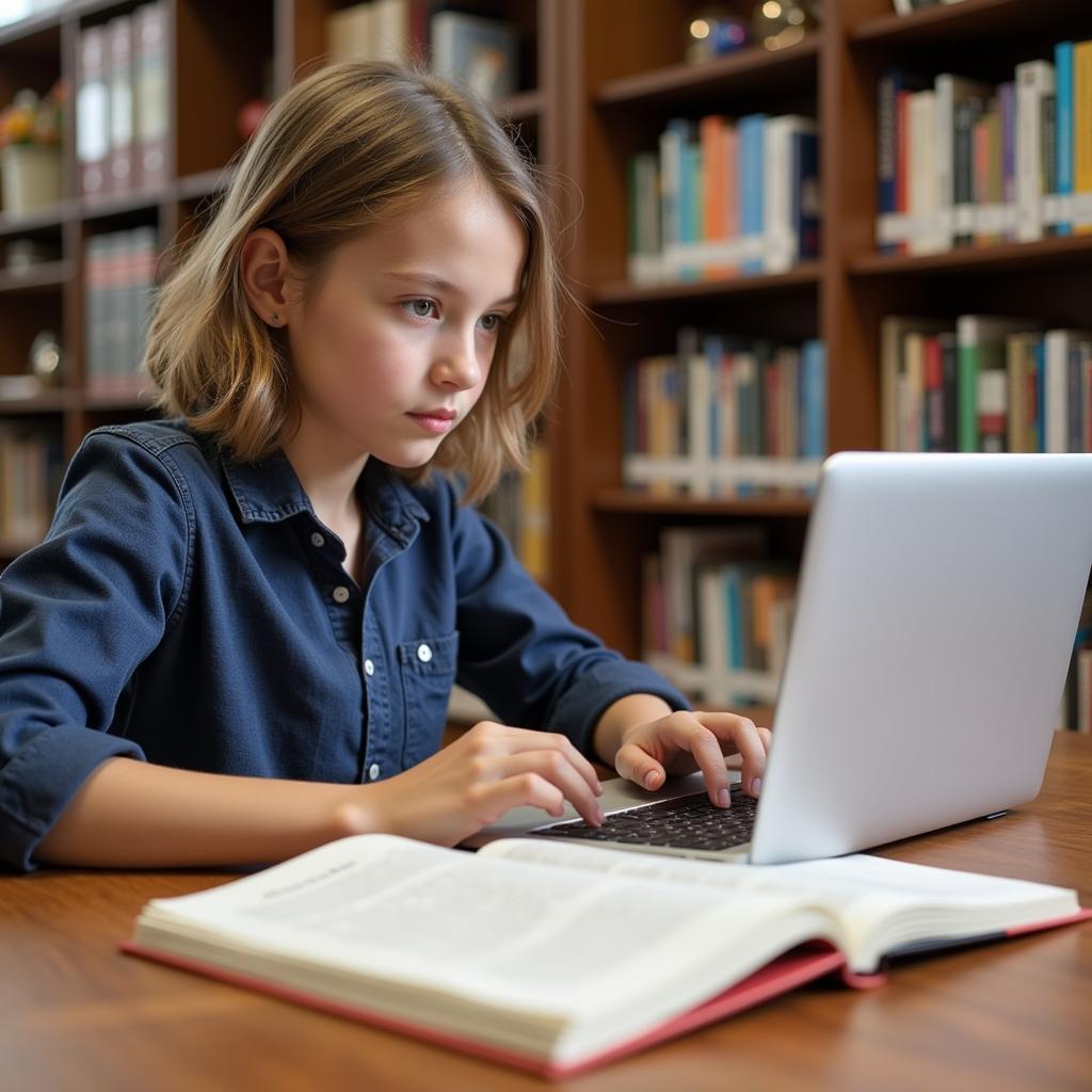 Student Utilizing Laptop and Textbook for Research