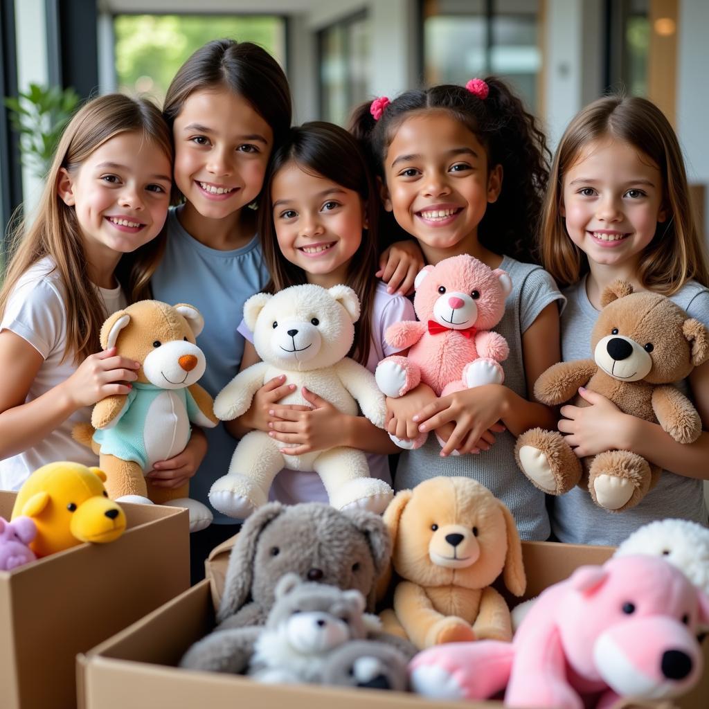 Children receiving donated stuffed animals