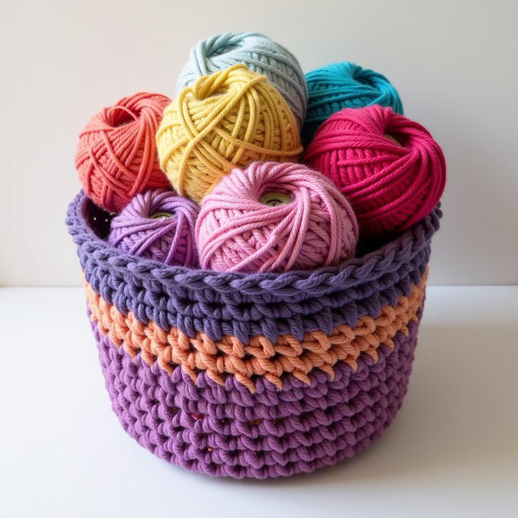 Woven crochet basket filled with yarn balls