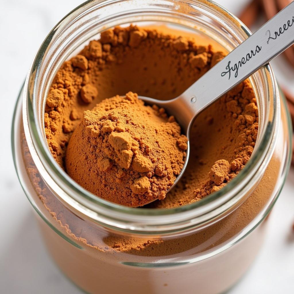 A jar of sugar-free chai powder with a scoop