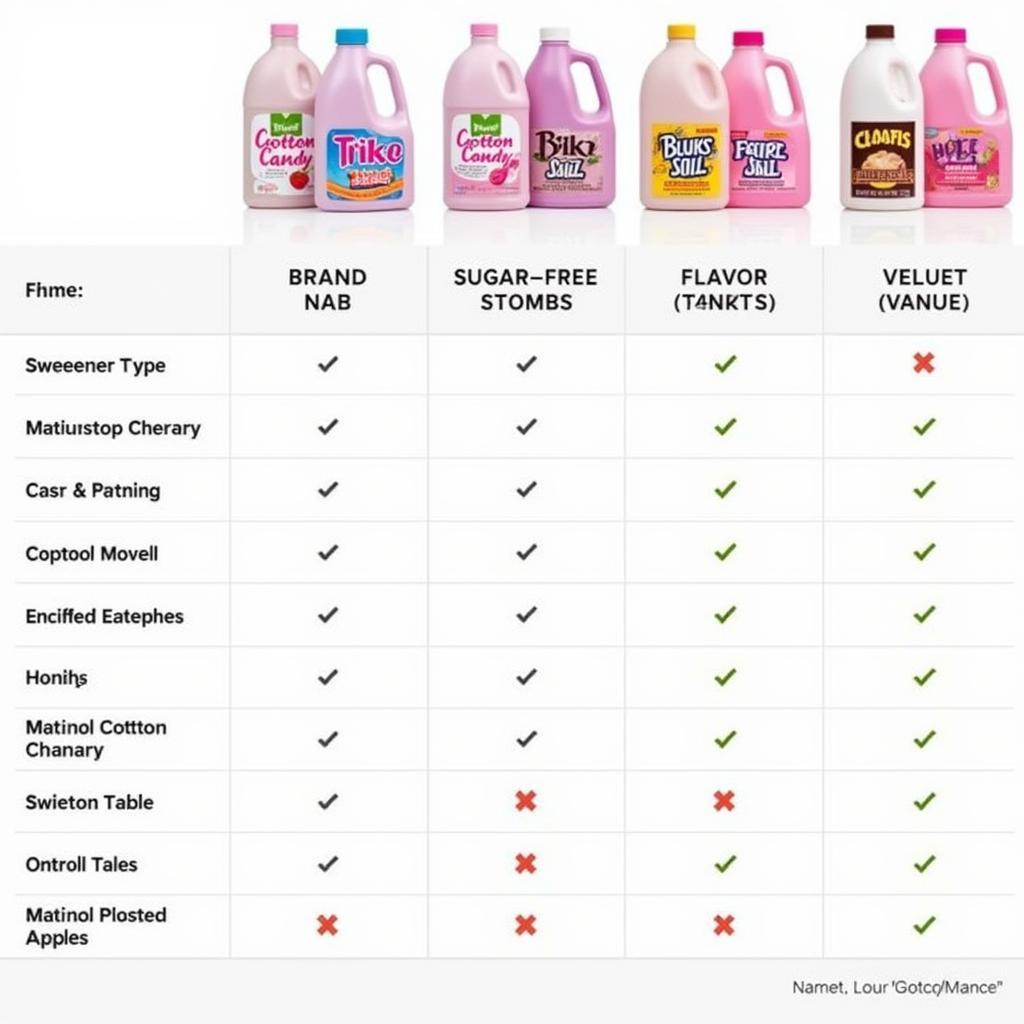 A comparison chart of different sugar free cotton candy syrup brands