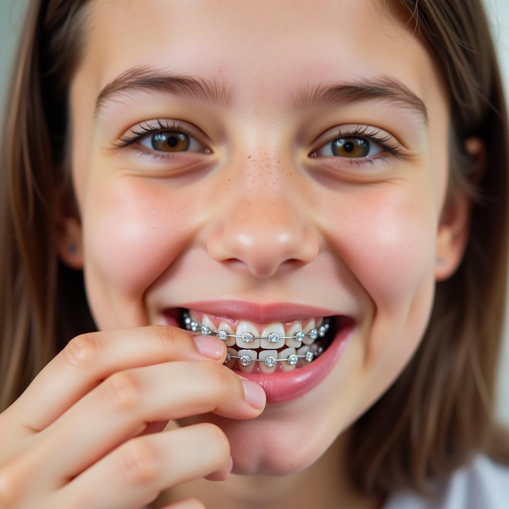 Smiling teenager with braces chewing sugar-free gum