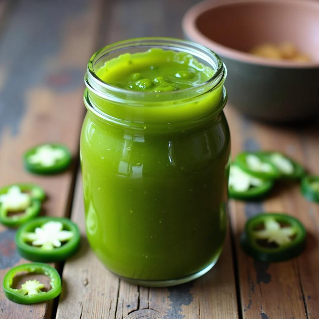 Sugar-free jalapeno jelly in a glass jar, ready to be enjoyed.