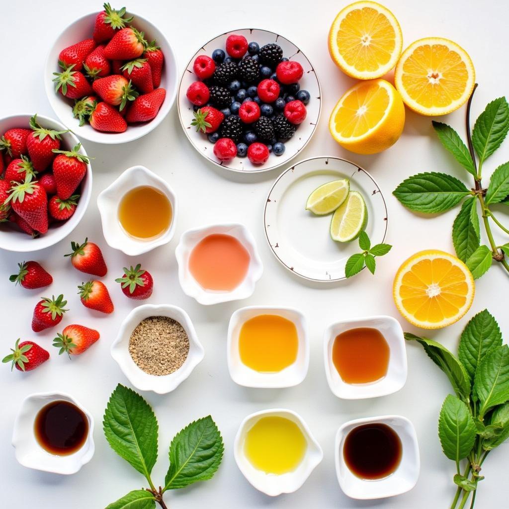 Assortment of fresh fruits, herbs, and sugar free syrups for making mocktails