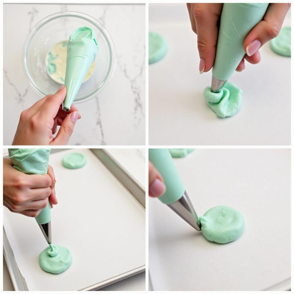 Piping sugar-free peppermint puffs onto a baking sheet.