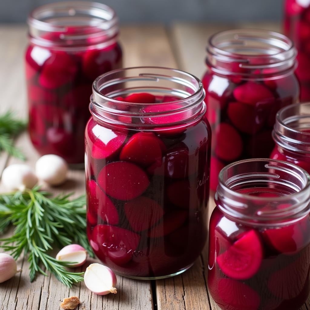 Glass jars filled with vibrant sugar free pickled beets