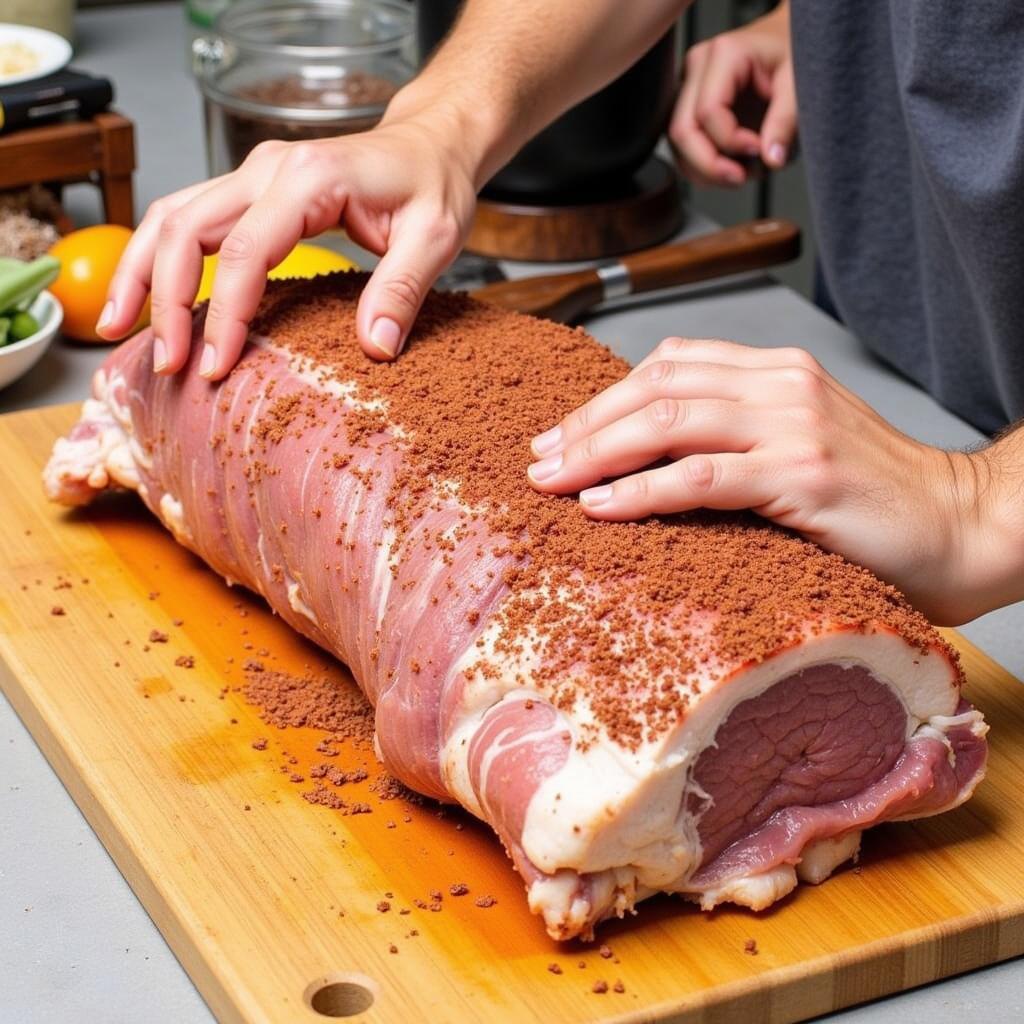 Applying sugar free pork rub to pork shoulder