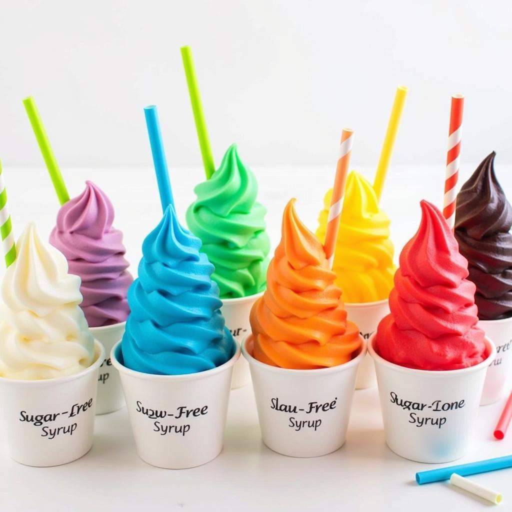 Colorful sugar-free snow cone syrups arranged on a table, showcasing a variety of flavors like blue raspberry, cherry, and green apple.