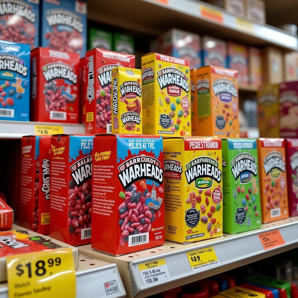 A display of sugar free Warheads in a retail setting