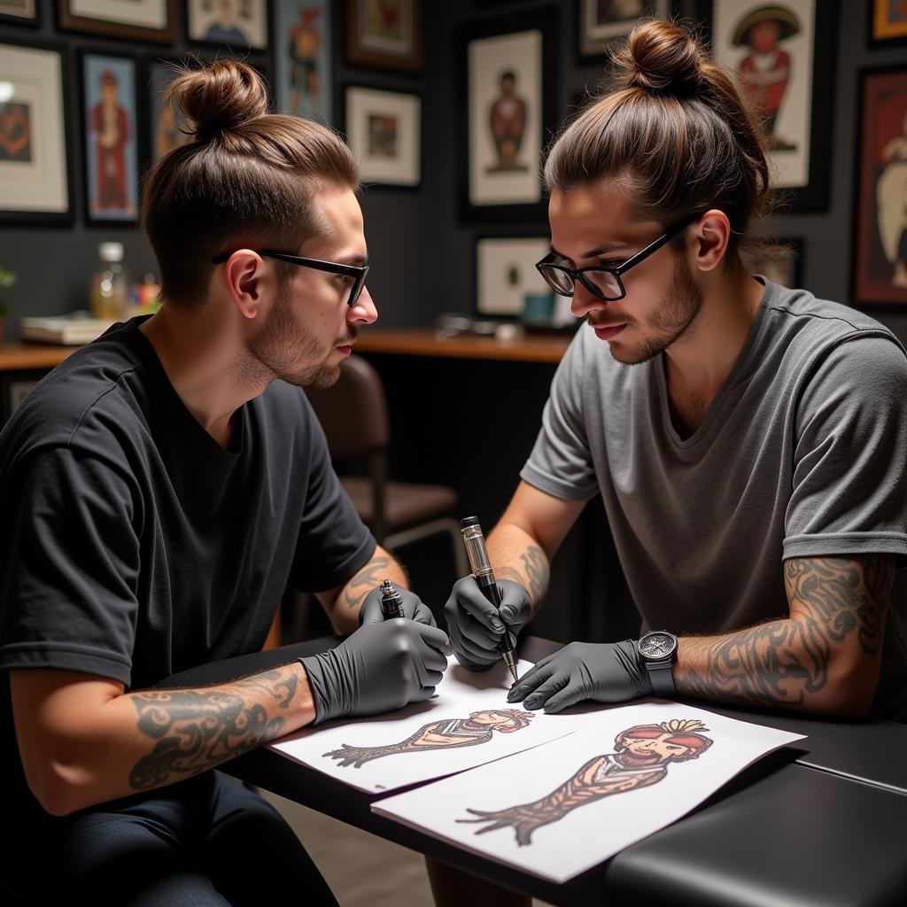 Client and tattoo artist in consultation