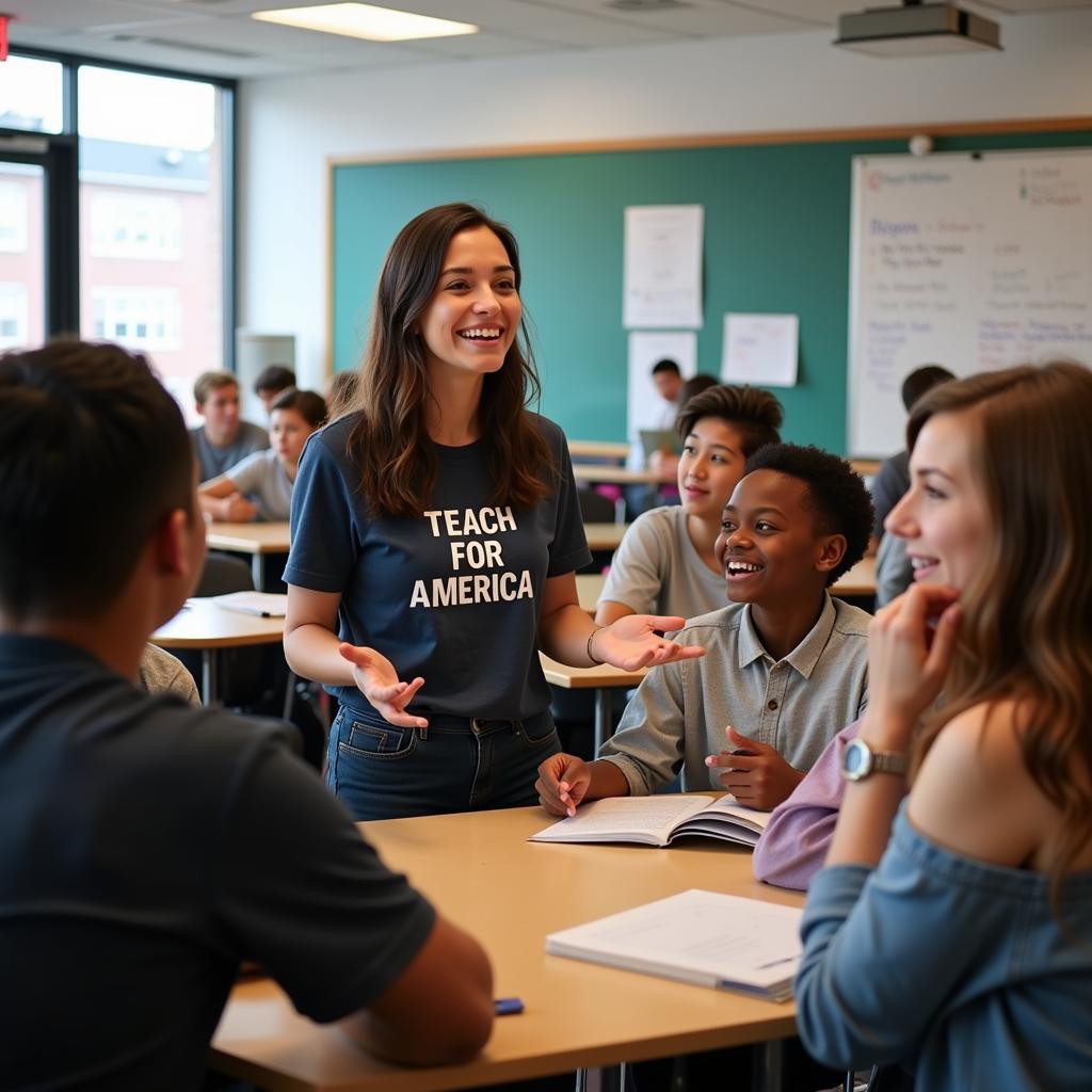 A diverse group of students engage in a lively classroom discussion led by a Teach for America Corps member