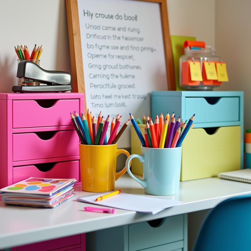 Teacher's desk with essential supplies