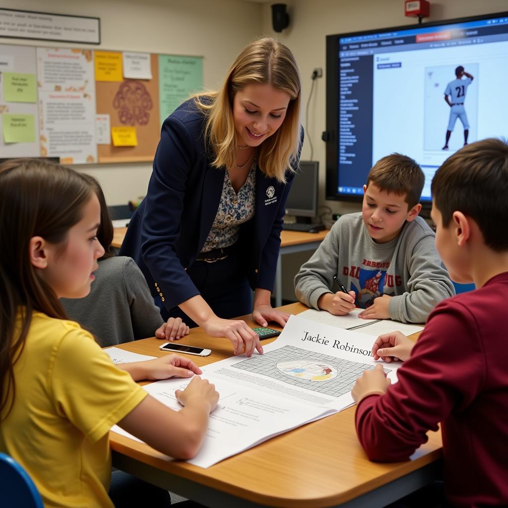 Teacher engaging students in a lesson using a Jackie Robinson worksheet