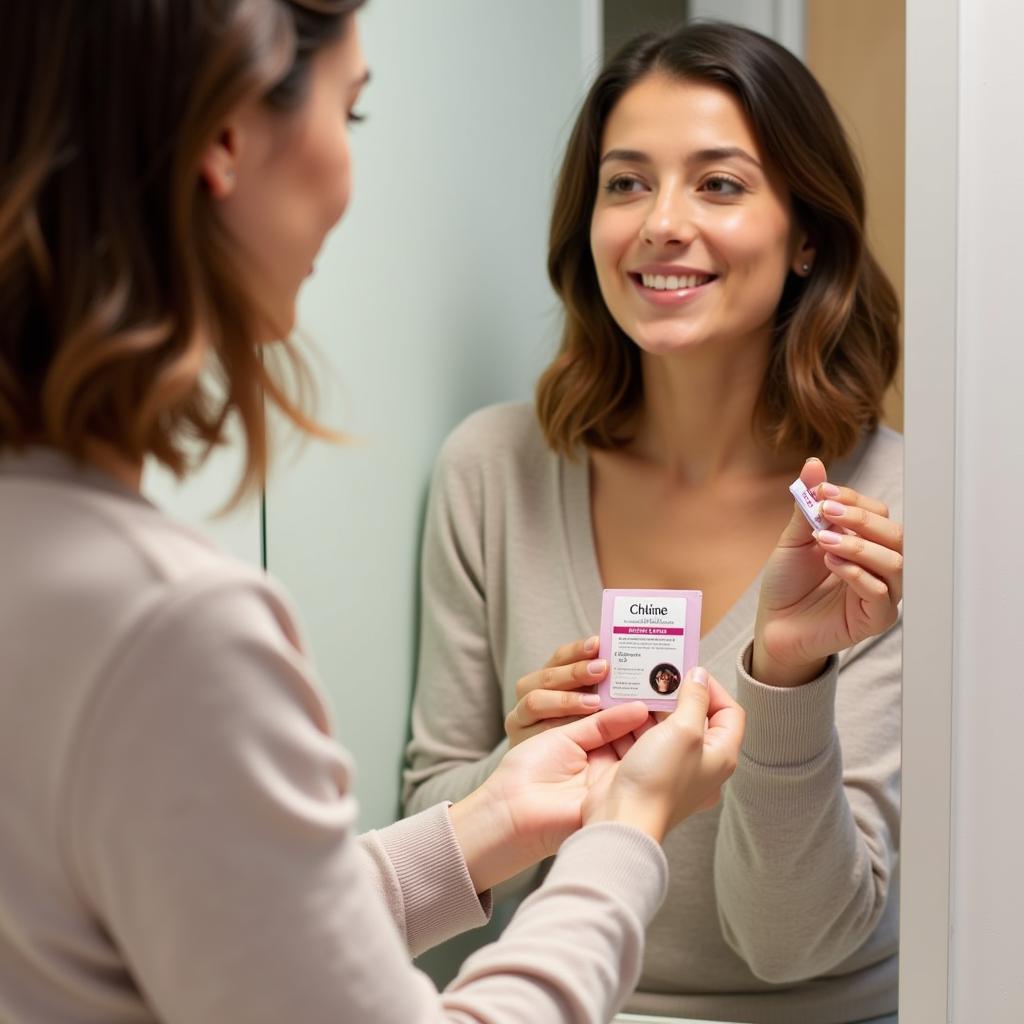 A woman applying a free hair sample to her hair