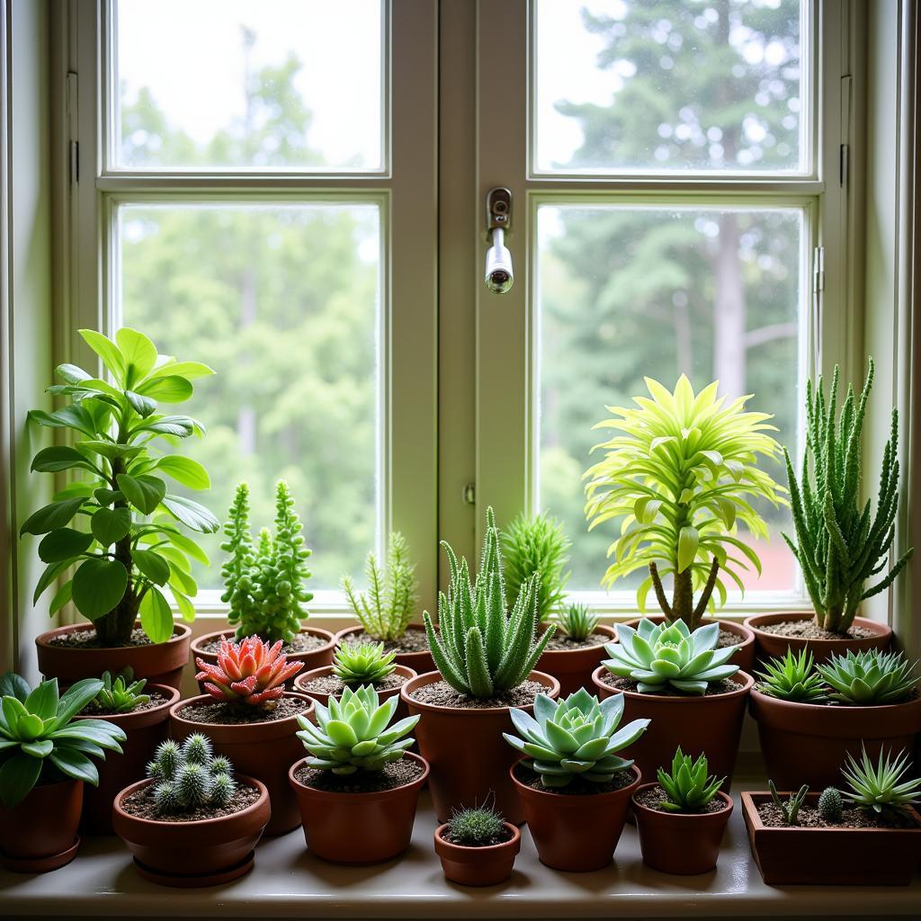 A thriving indoor succulent garden showcasing a variety of healthy plants.