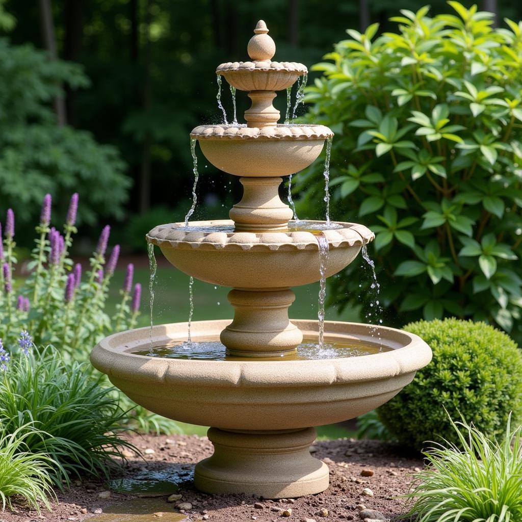 Tiered outdoor water fountain with multiple levels