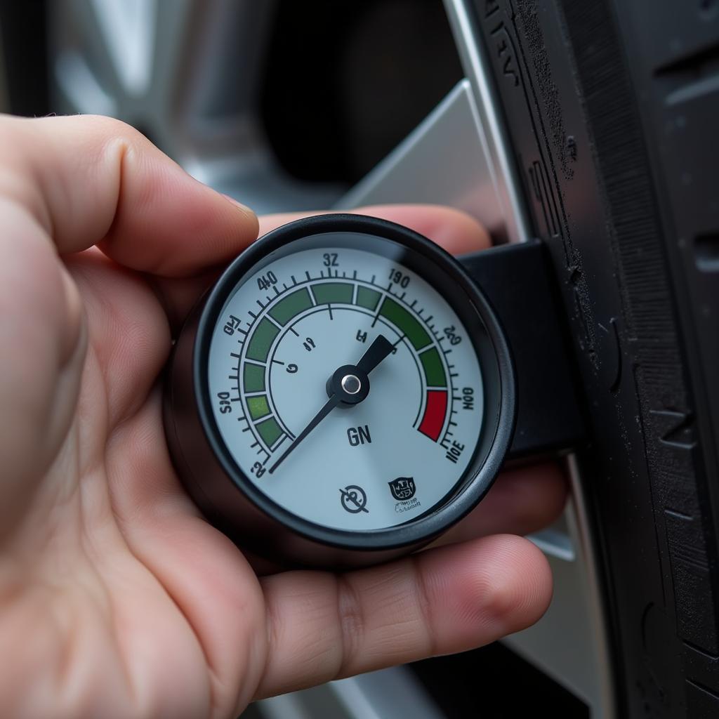 Checking tire pressure with a gauge