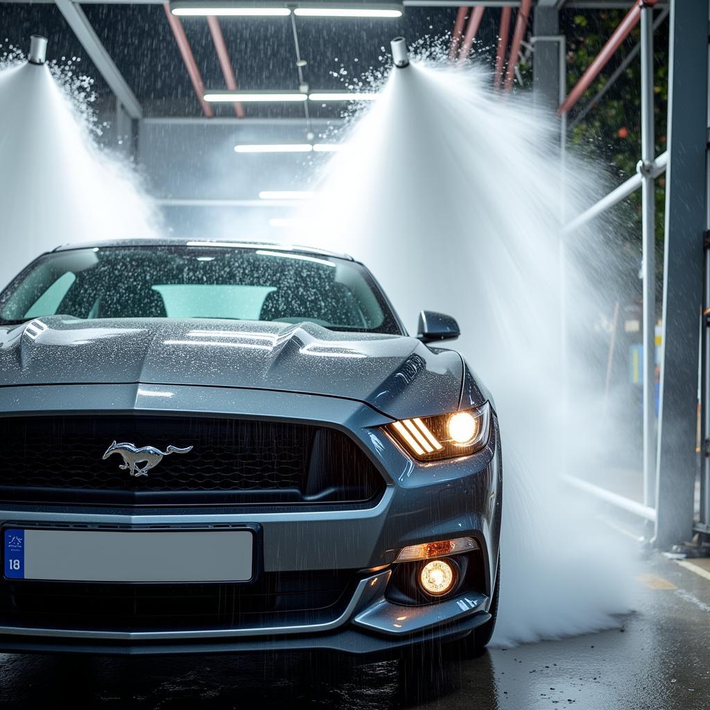 Car going through a touch free car wash cycle