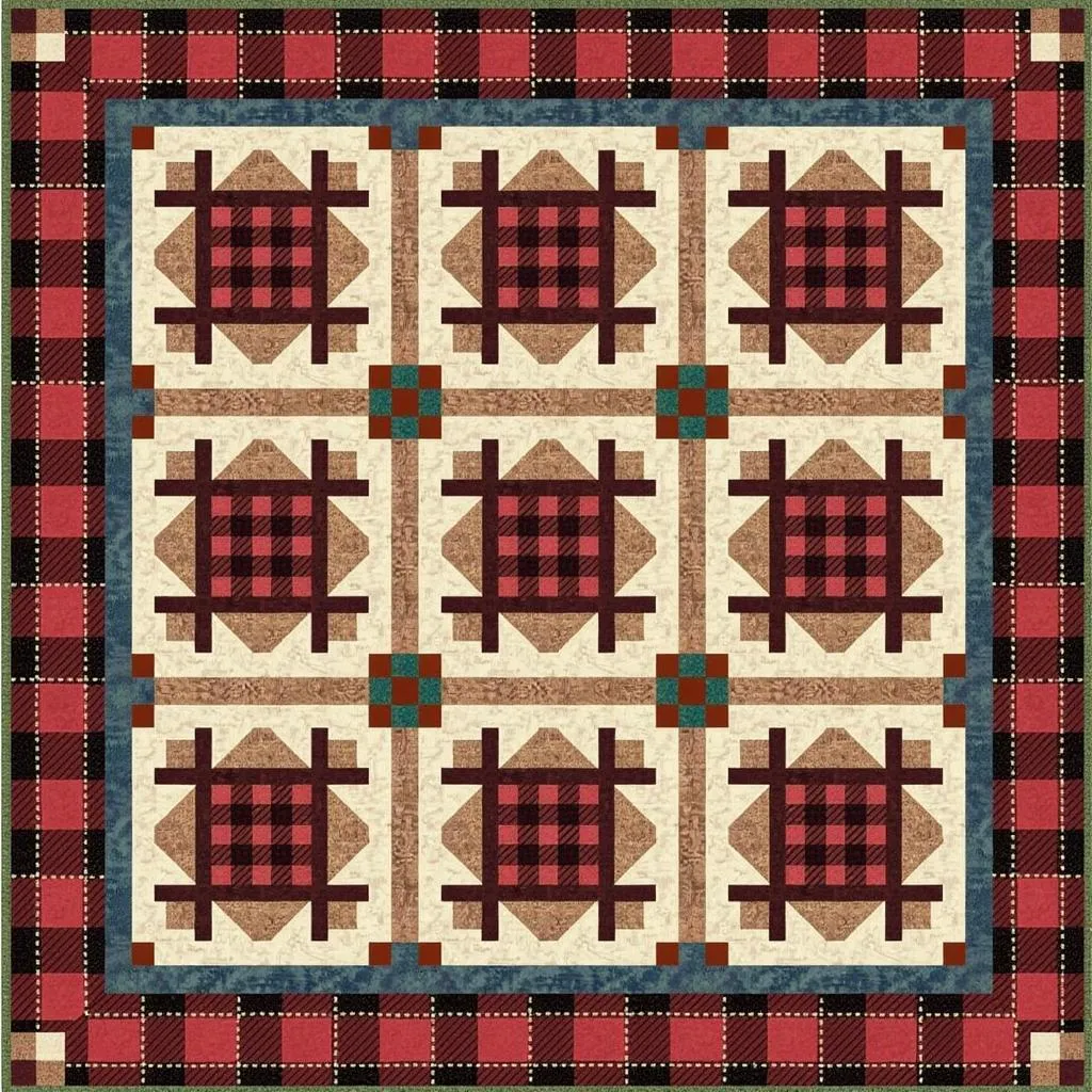 A traditional plaid quilt pattern featuring a classic log cabin design