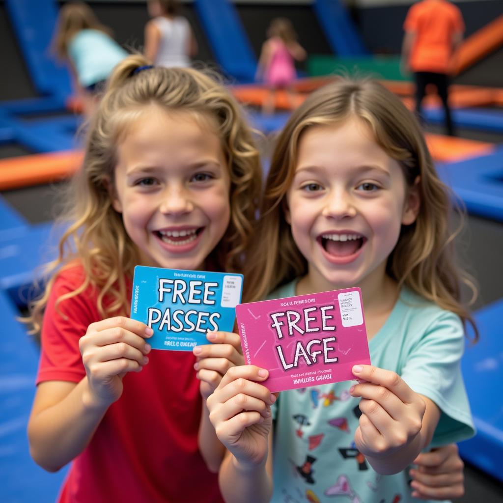 Kids holding free passes to a trampoline park