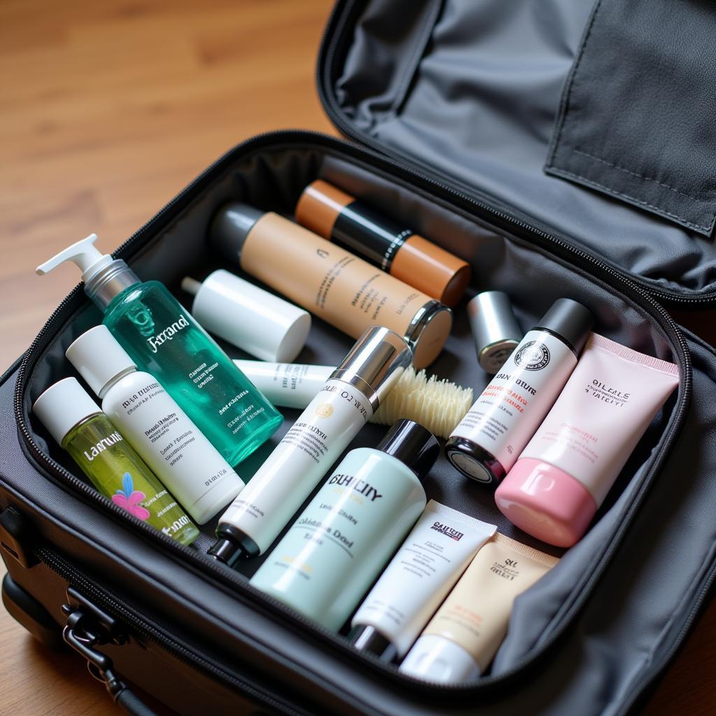 Travel-size samples neatly arranged in a suitcase