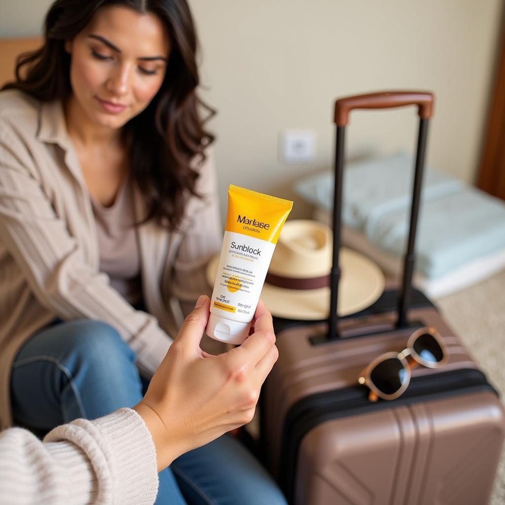 A woman holding travel-size sunblock samples 