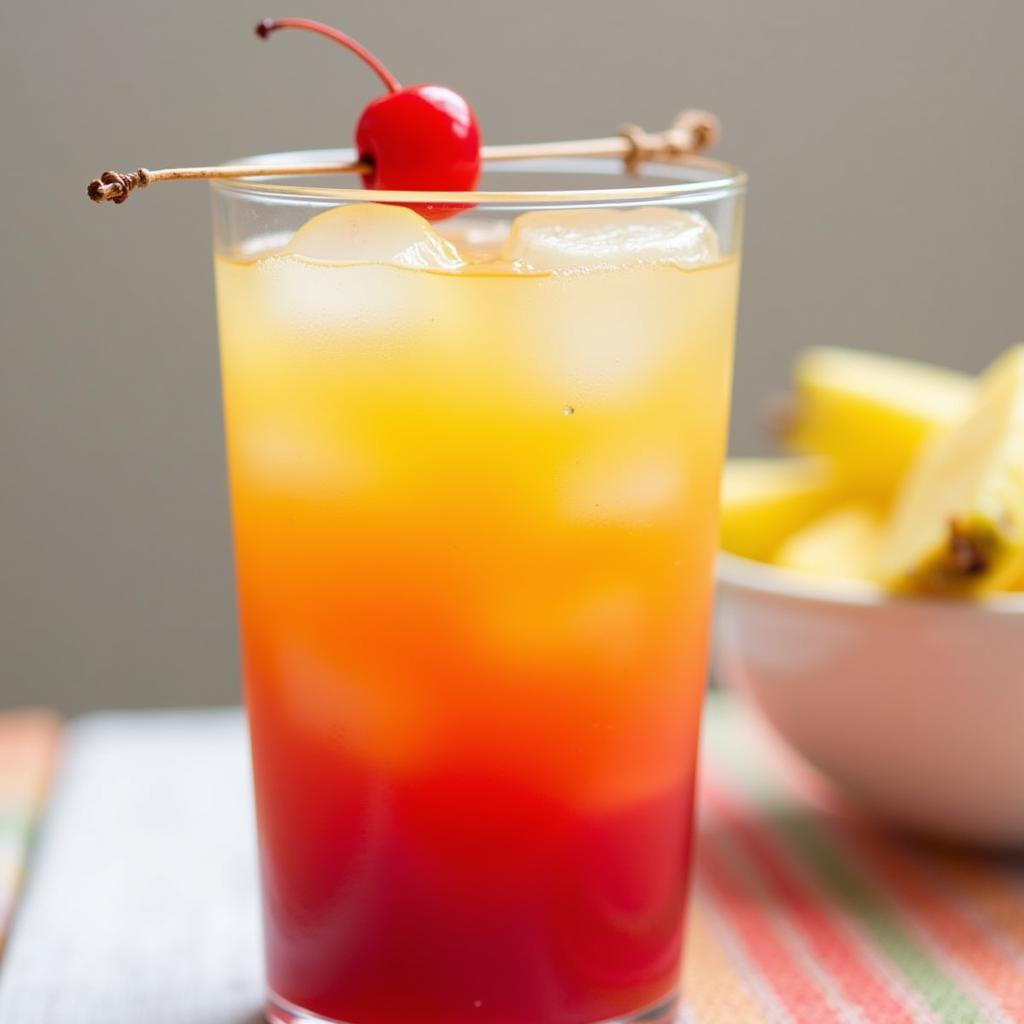 A tall glass filled with a vibrant layered mocktail, garnished with a cherry.