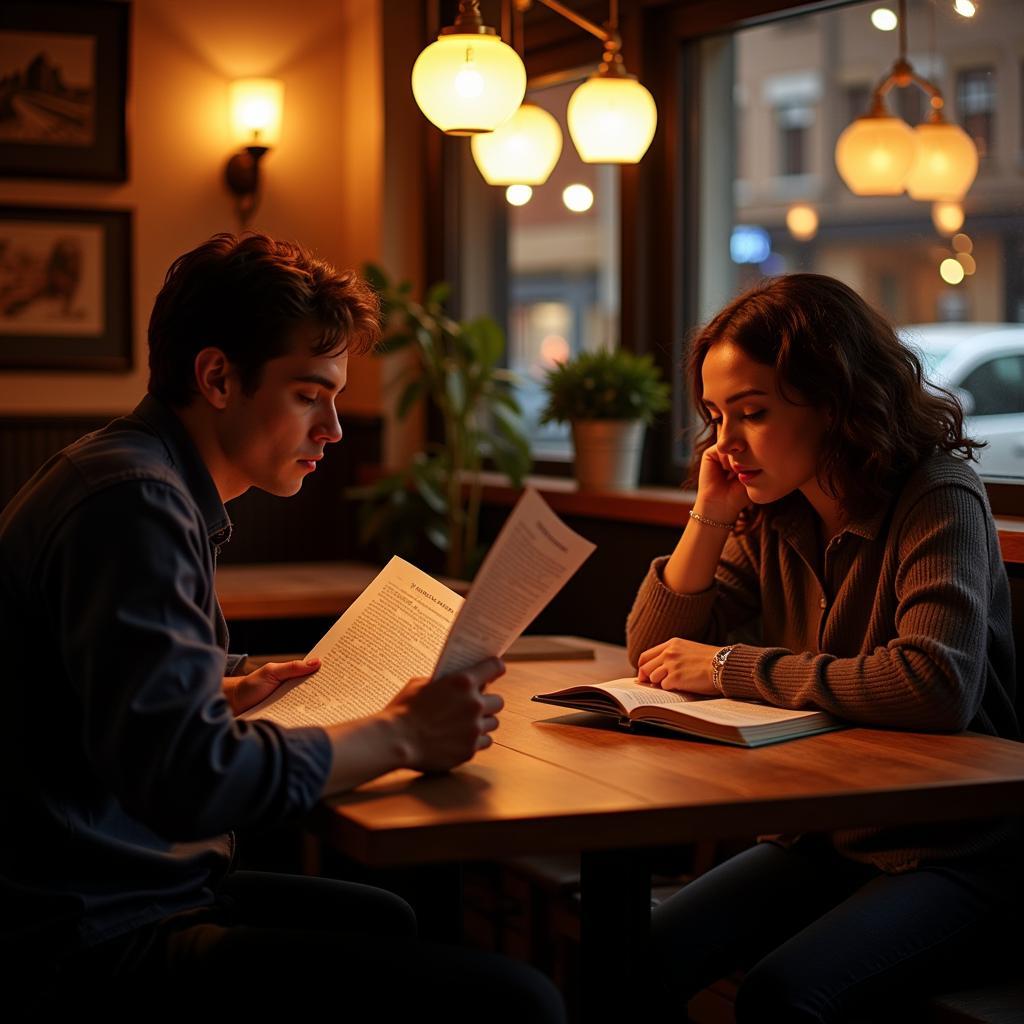 Two actors reading scripts at a cafe