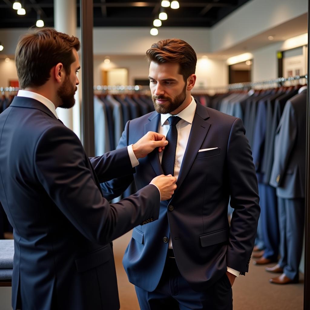 Two Men Trying on Suits in a Retail Store