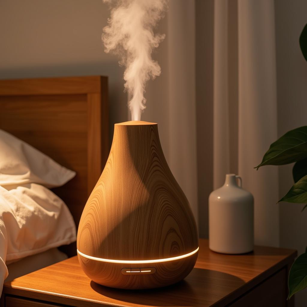 Modern ultrasonic diffuser with wood grain finish releasing a fine mist