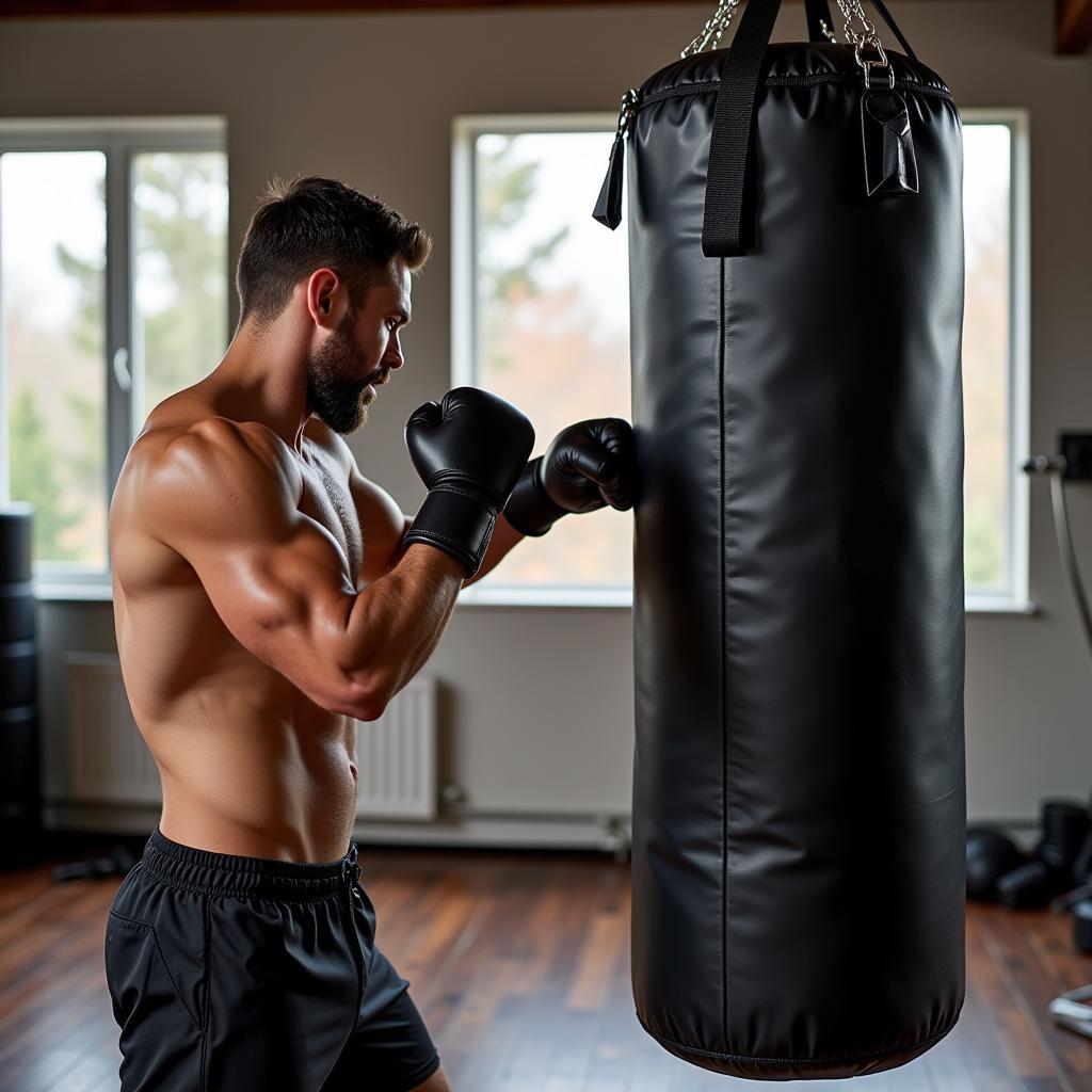 Man practicing intense workout with urban rebound bag