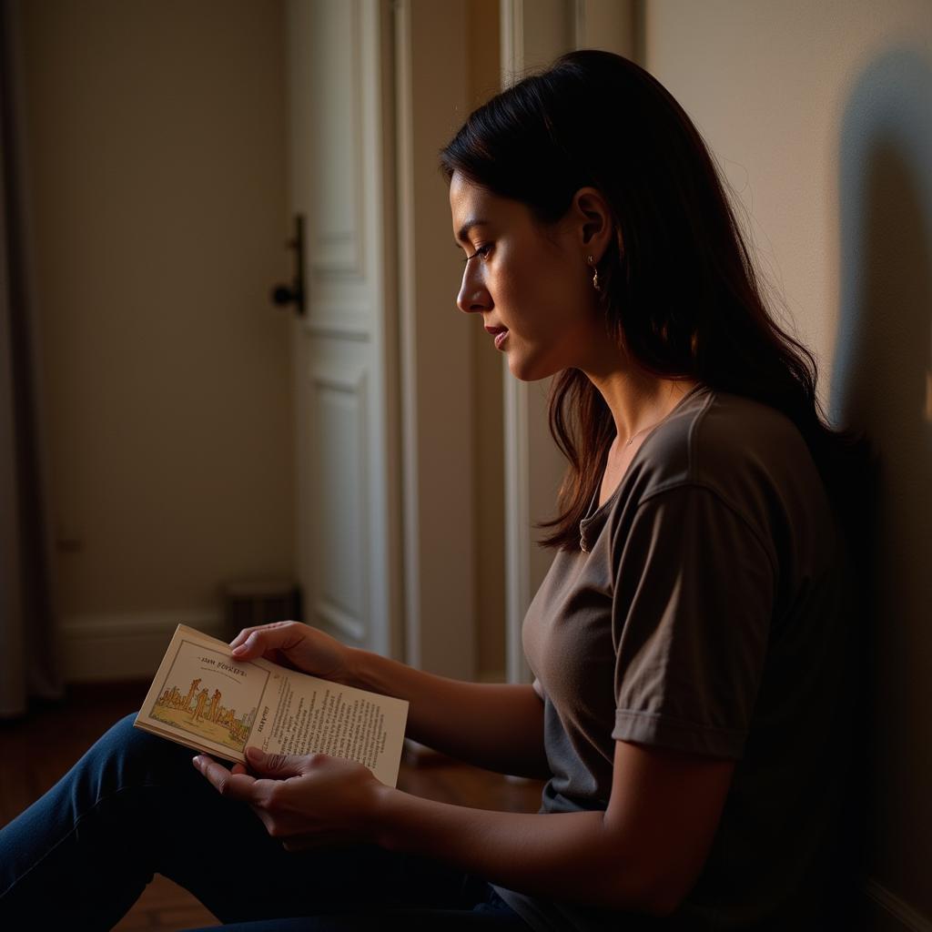 A person peacefully reflecting with a Catholic prayer card in hand, symbolizing the serenity and introspection fostered by these cards.