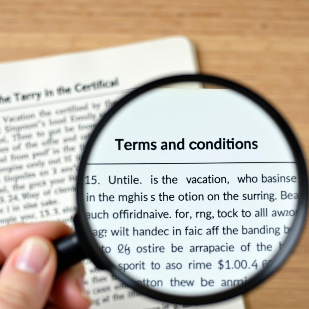 Close-up of terms and conditions on a free vacation certificate