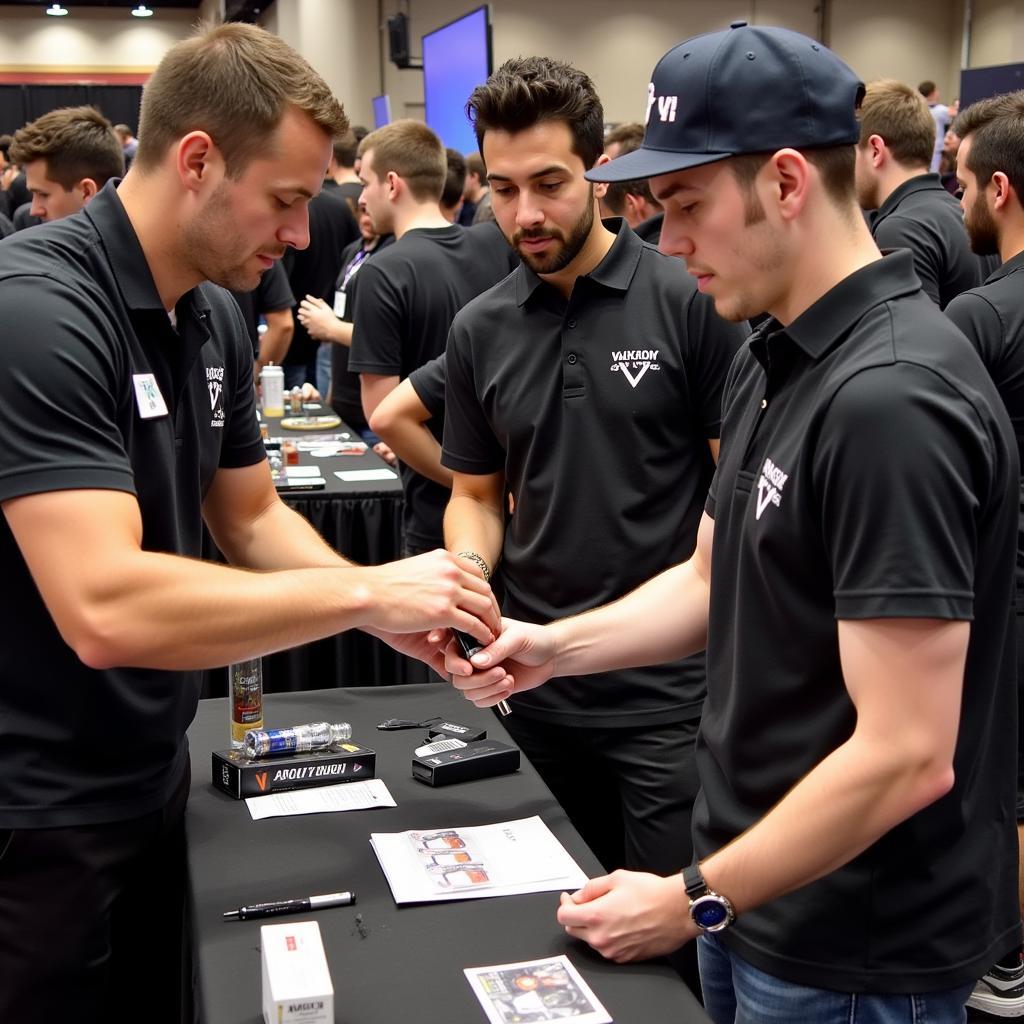 Attendees at a vape expo receiving a free starter kit