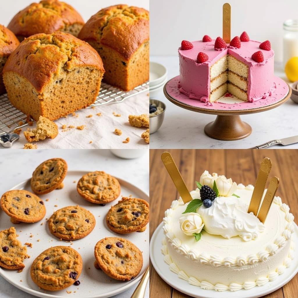 A variety of baked goods made with Petra gluten free flour arranged on a table.