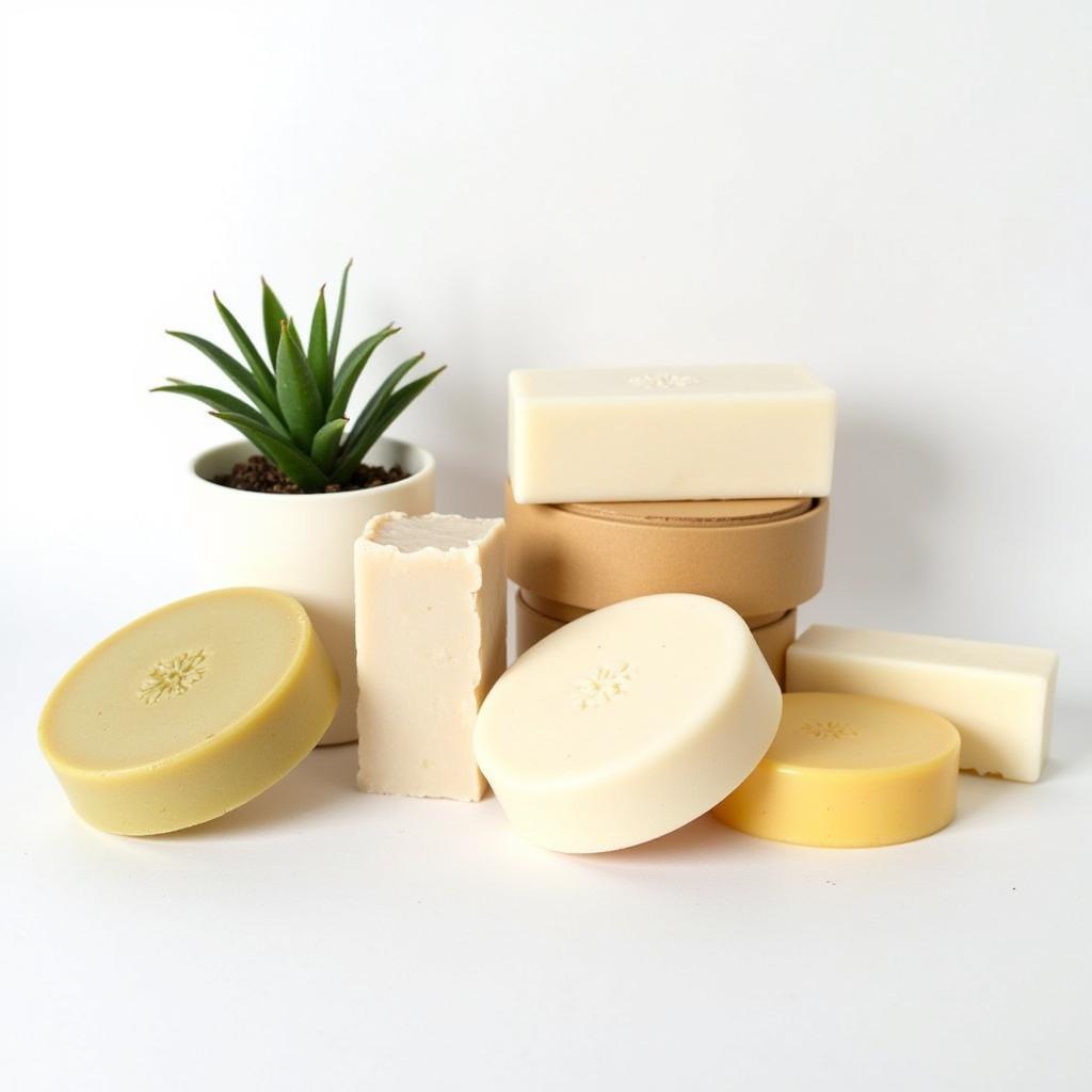 Different types of fragrance free soaps arranged on a white table with a succulent plant.