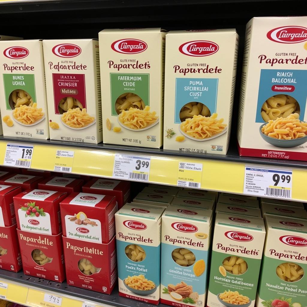 Selection of gluten free pappardelle pasta brands on a shelf