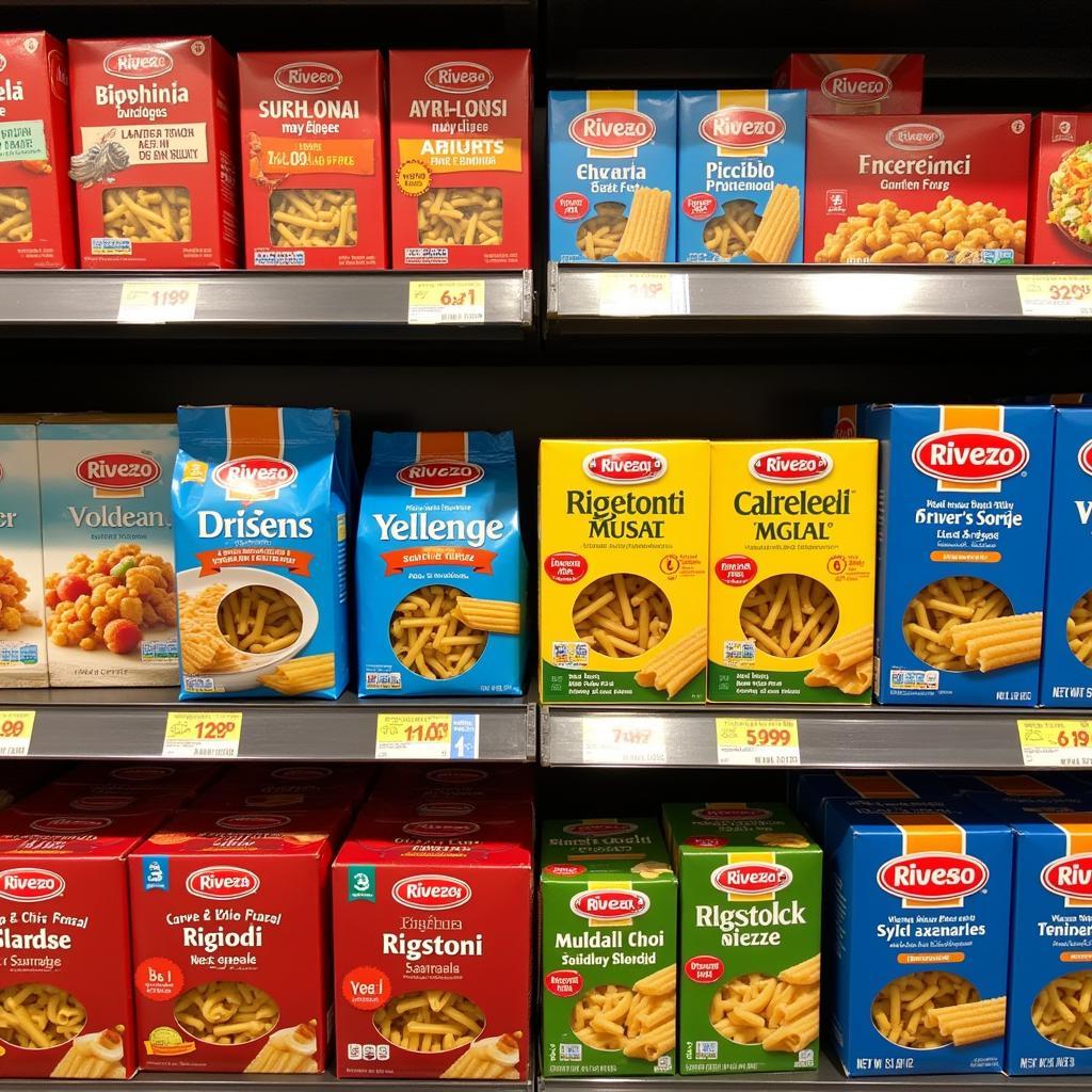 Different brands of gluten-free rigatoni pasta on supermarket shelves