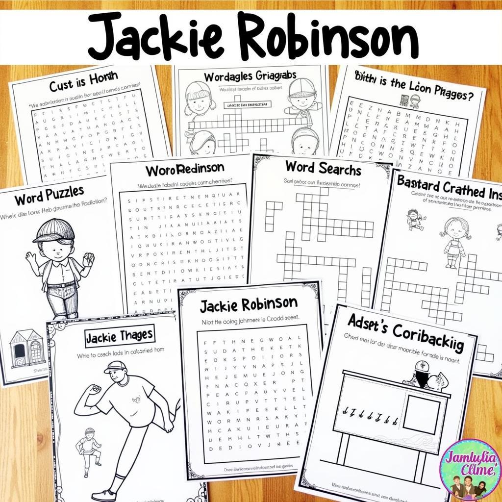 Assortment of different Jackie Robinson worksheets spread out on a table