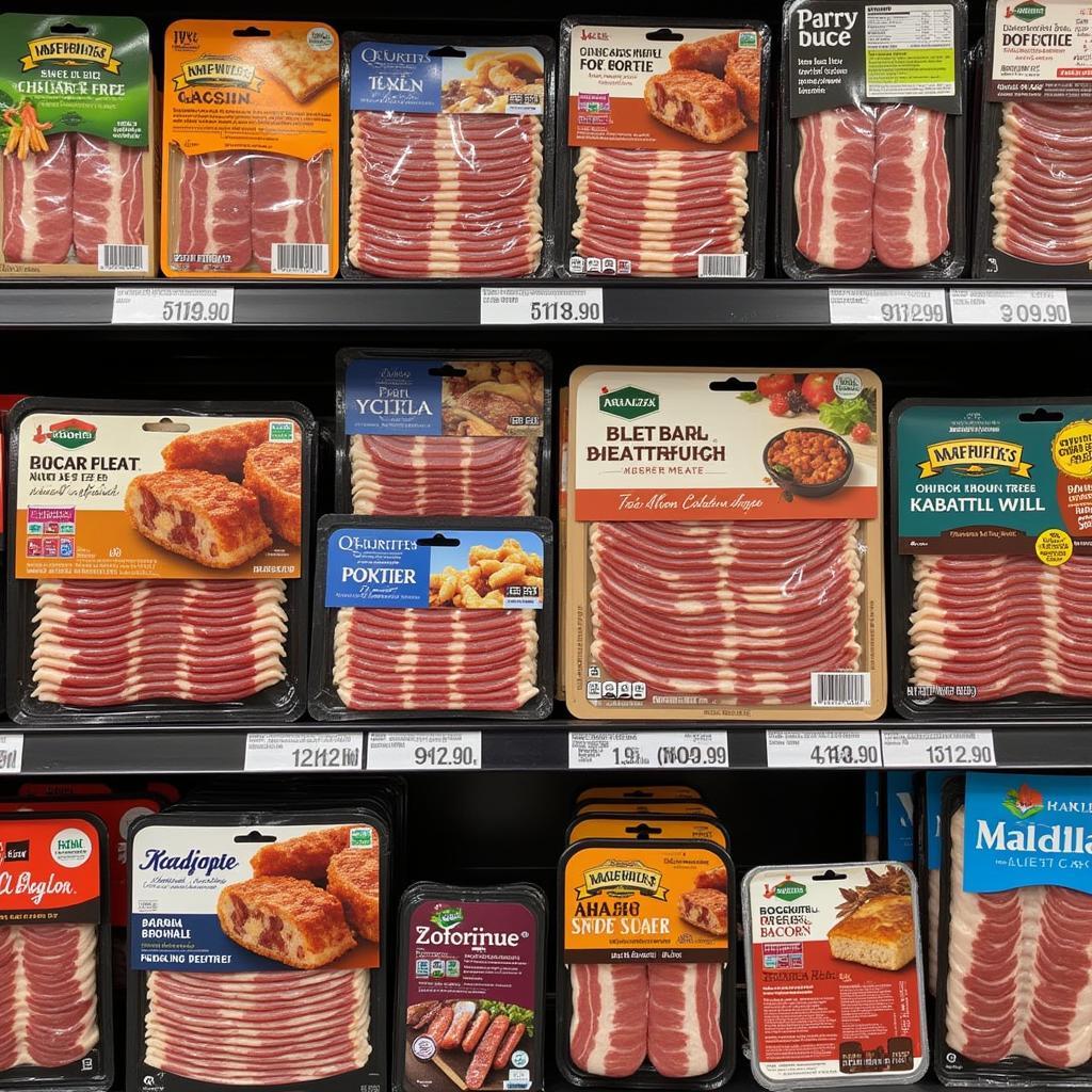 Different packages of sugar free nitrate free bacon on a store shelf