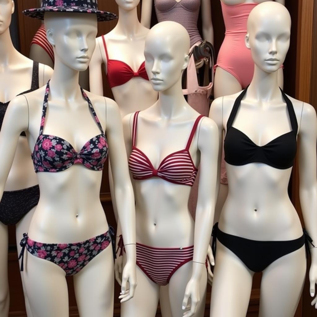 Different styles of swimsuits displayed on mannequins