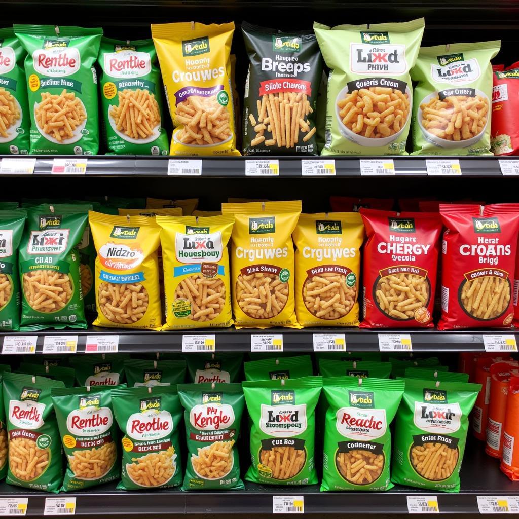 Different brands of veggie straws on a supermarket shelf