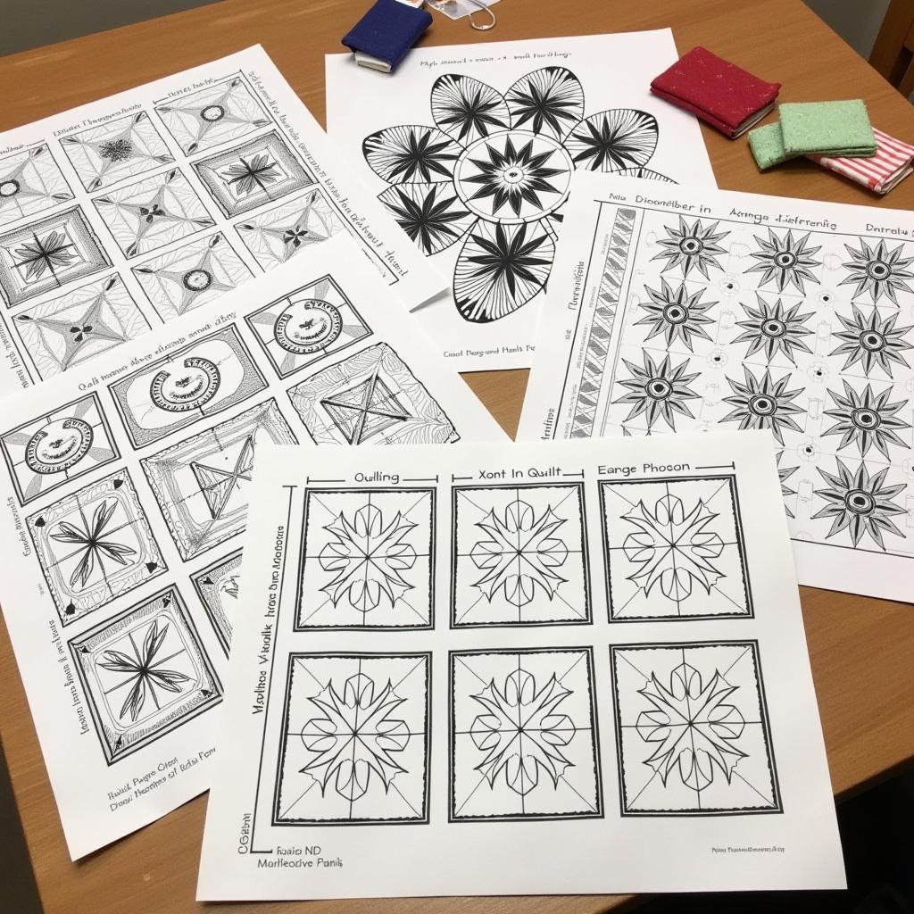 A colorful array of Walk About quilt patterns displayed on a table.