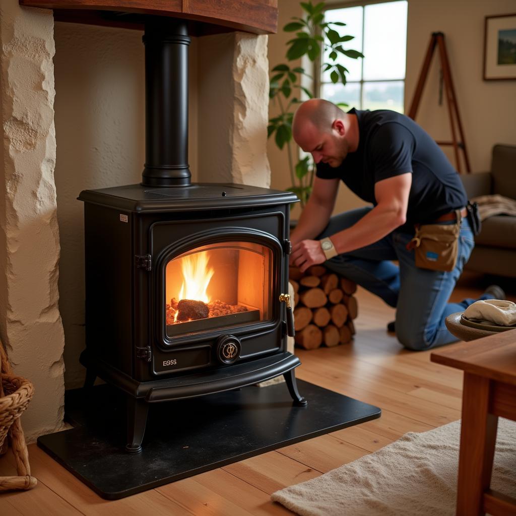 Vent-free propane stove being installed in a living room