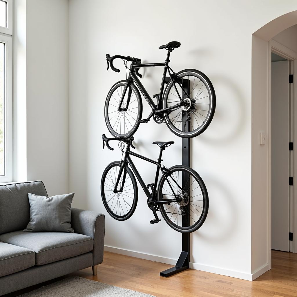 Vertical bike rack saving space in a small apartment