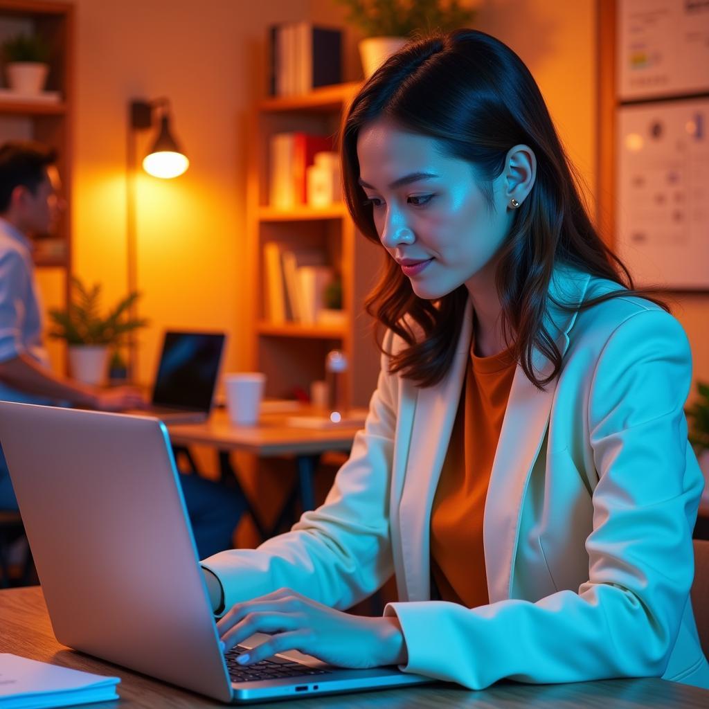 Virtual assistant diligently working on a laptop